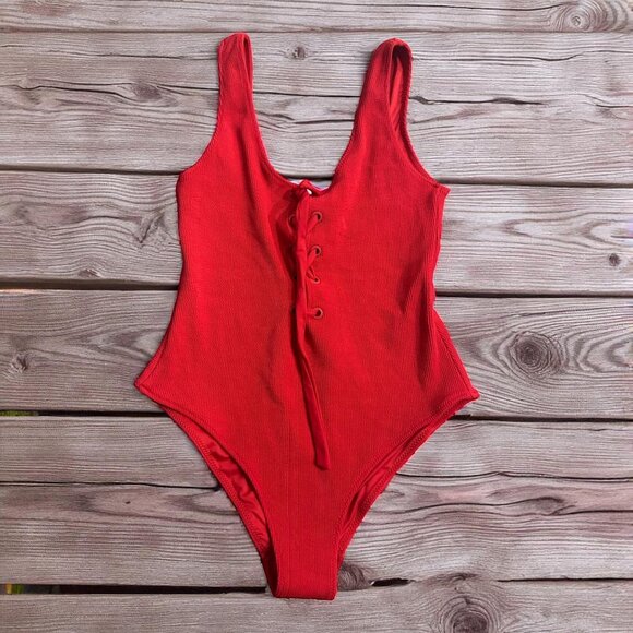 GANNI Women's Red Laceup One Piece Bathing Swimsuit Size 6 - Picture 1 of 8